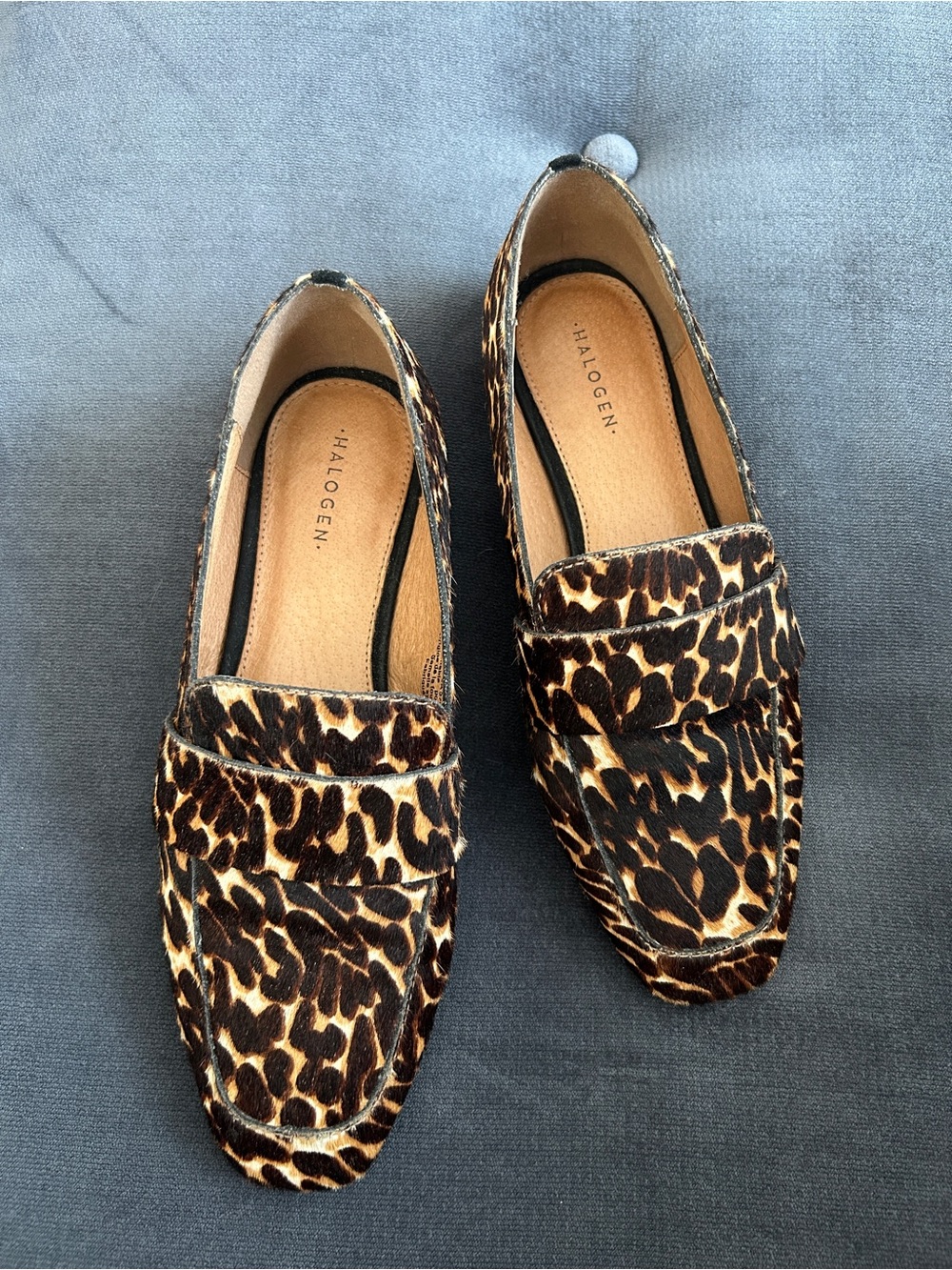 EUC Halogen Real Calf Fur Leopard Print Loafers